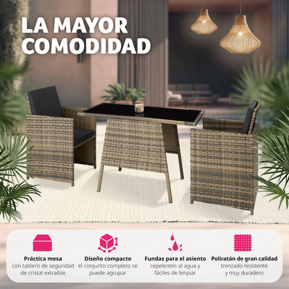 TecTake Set Jardín Ratán/Aluminio: 2 Sillas + Mesa Cristal, Apilable, Natural