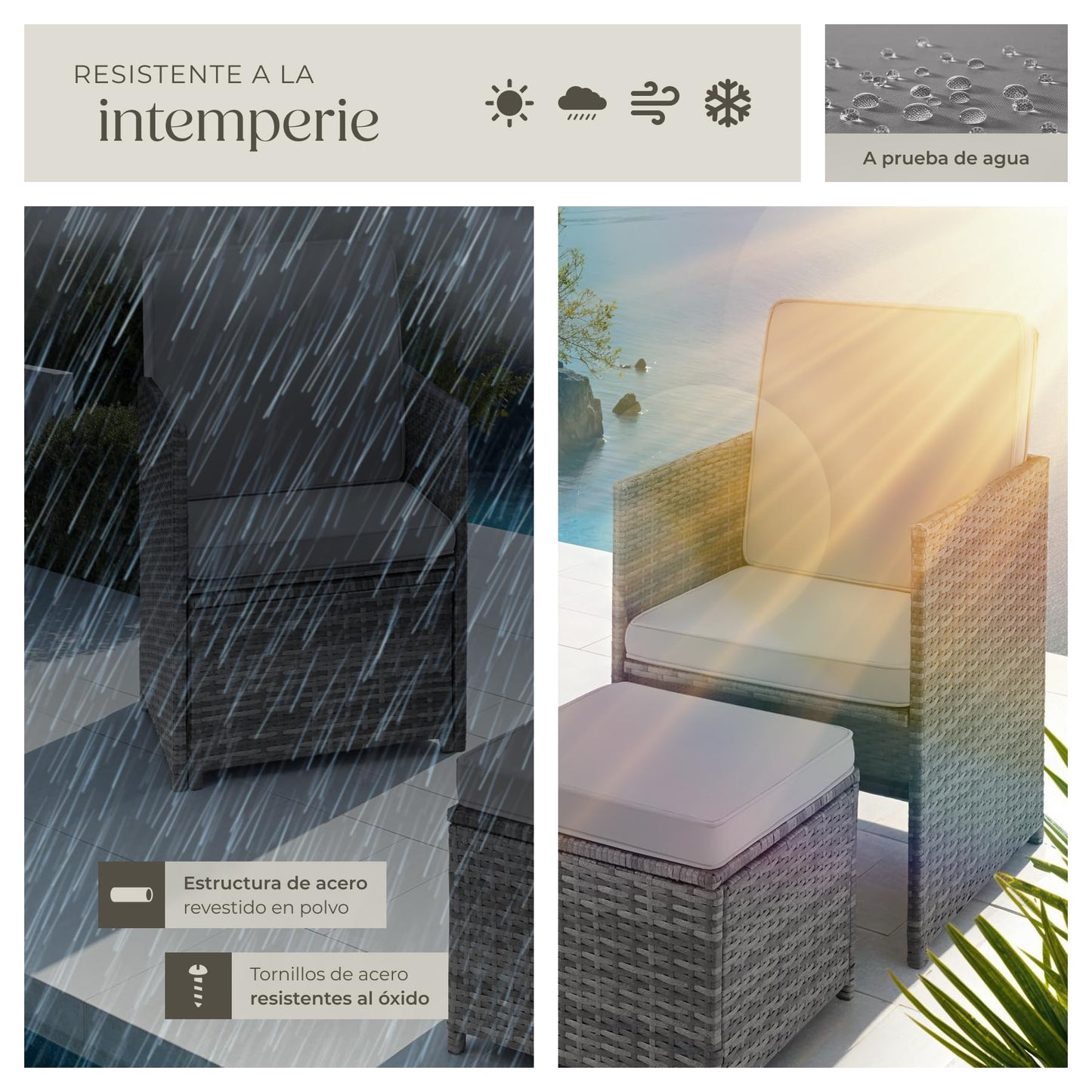 TecTake Set Jardín: 2 Sillones Pleg + Taburete + Mesa Cristal, Abrebotellas