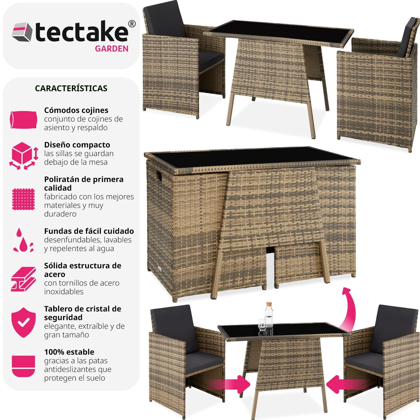 TecTake Set Jardín Ratán/Aluminio: 2 Sillas + Mesa Cristal, Apilable, Natural