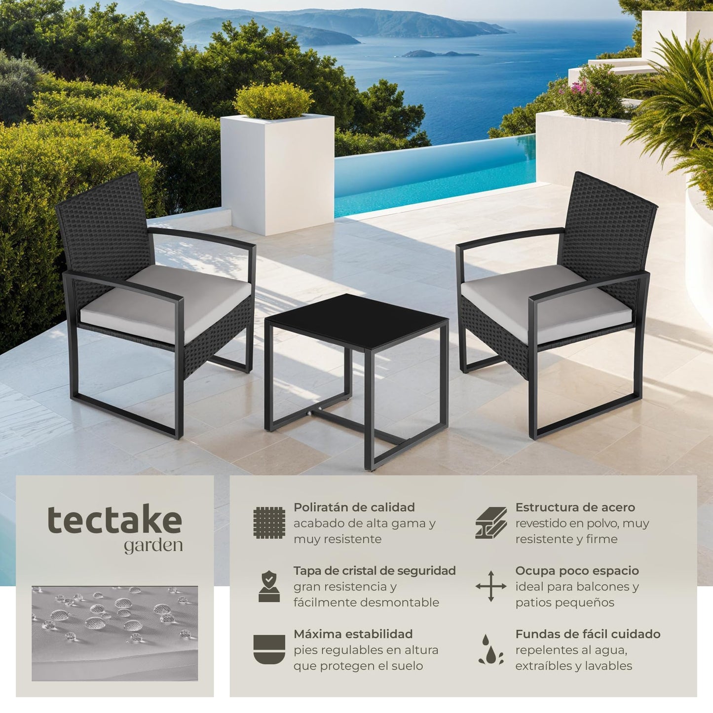 TecTake Set Jardín 2 Personas: 2 Sillas Ratán + Mesa Vidrio, Fundas Extraíbles