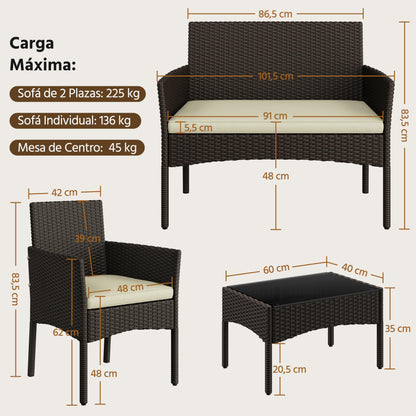 Yaheetech Set Ratán 4 Pzas: Sofá + 2 Sillones + Mesa Vidrio, Marrón/Beige
