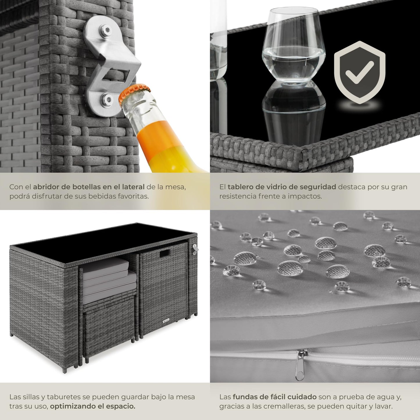 TecTake Set Jardín: 2 Sillones Pleg + Taburete + Mesa Cristal, Abrebotellas