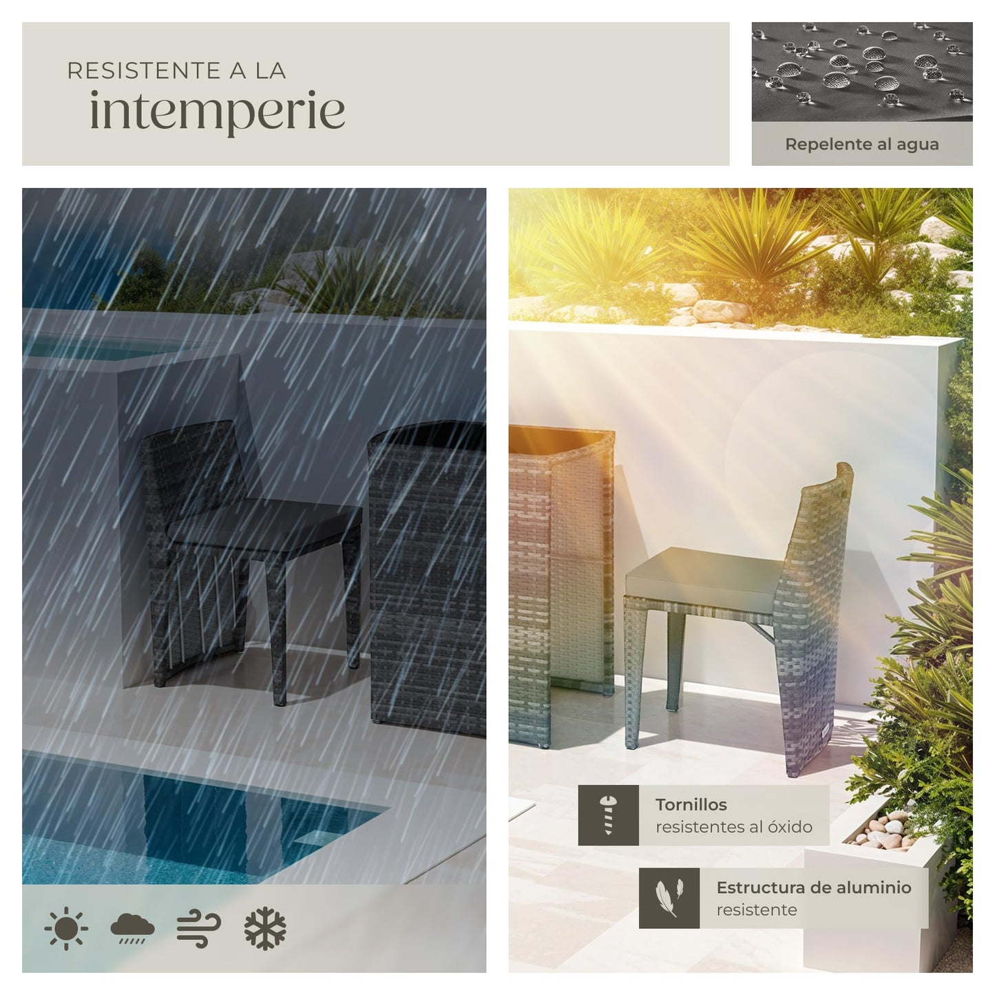 TecTake Set Jardín 2 Sillas + Mesa Cristal, Agrupable, Cojines, Gris