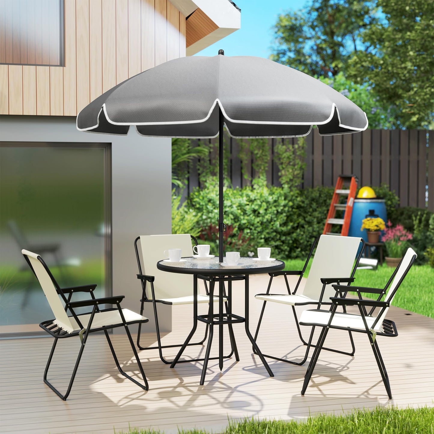 Outsunny Set Jardín 6 Pzas: Mesa Vidrio + 4 Sillas Plegables + Sombrilla, Crema