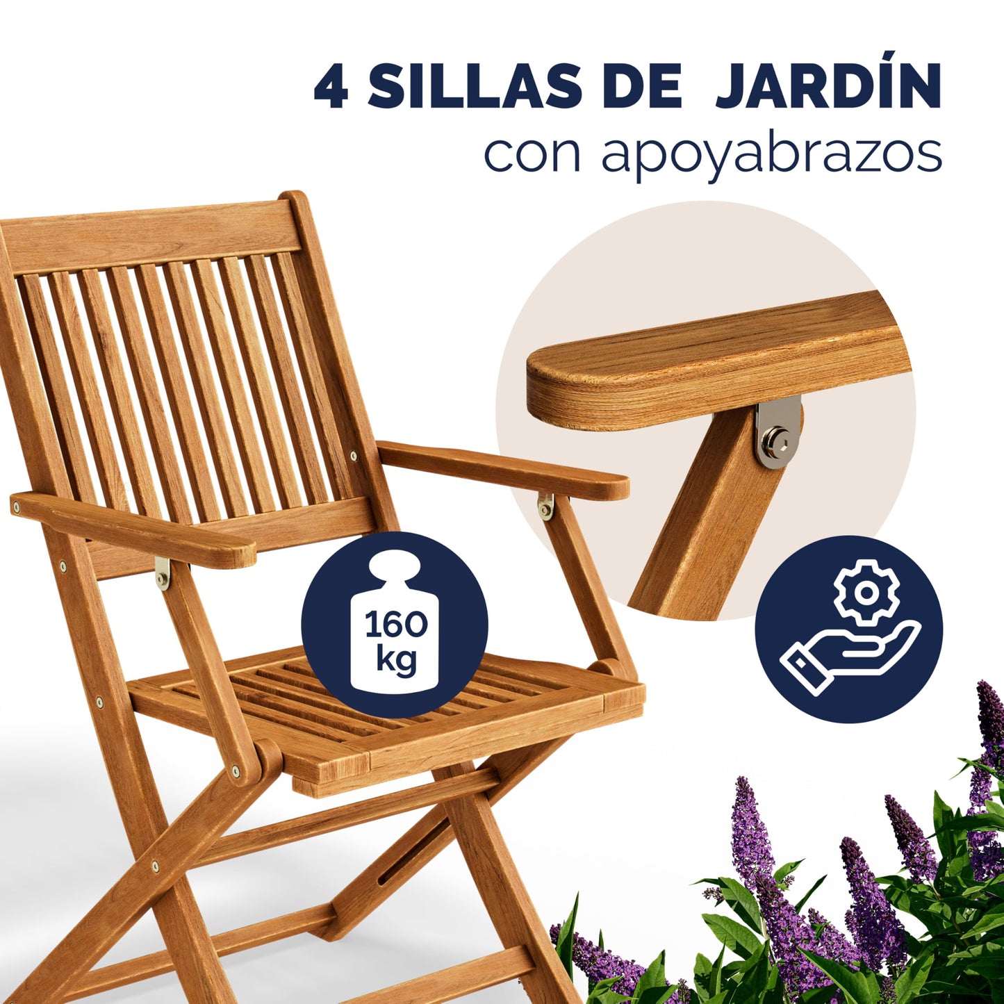 CASARIA Juego Jardín Sydney: Madera Acacia FSC, 5 Pzas Plegable, 120x70cm