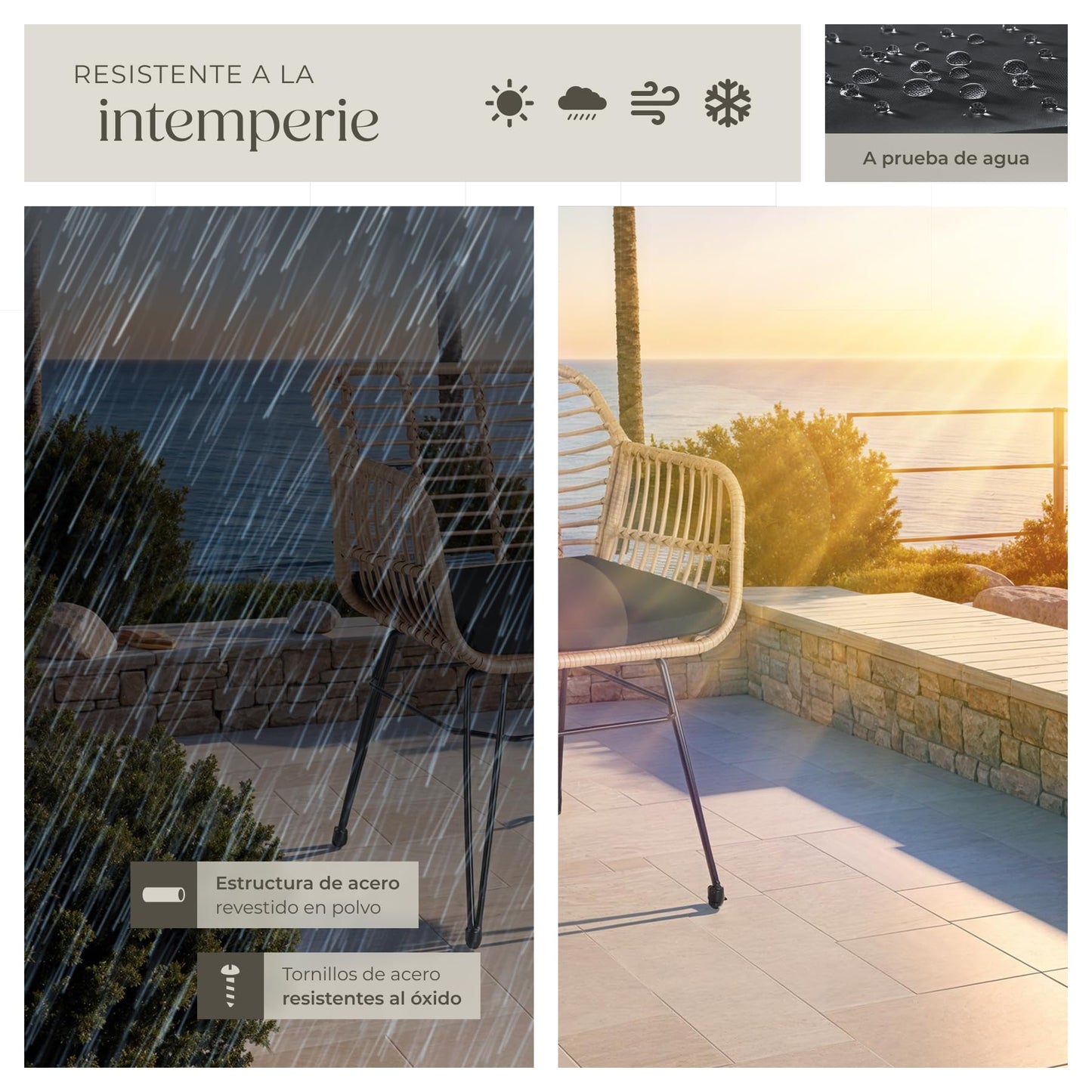 TecTake Set Jardín 2 Personas: 2 Sillas + Mesa Cristal, Cojines, Natural