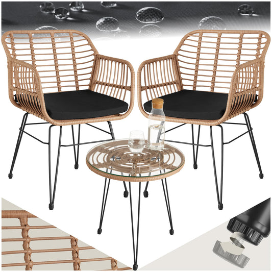 TecTake Set Jardín 2 Personas: 2 Sillas + Mesa Cristal, Cojines, Natural