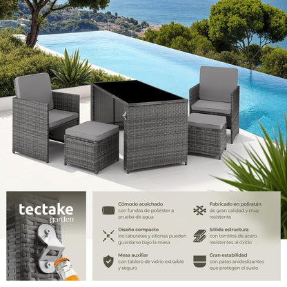 TecTake Set Jardín: 2 Sillones Pleg + Taburete + Mesa Cristal, Abrebotellas
