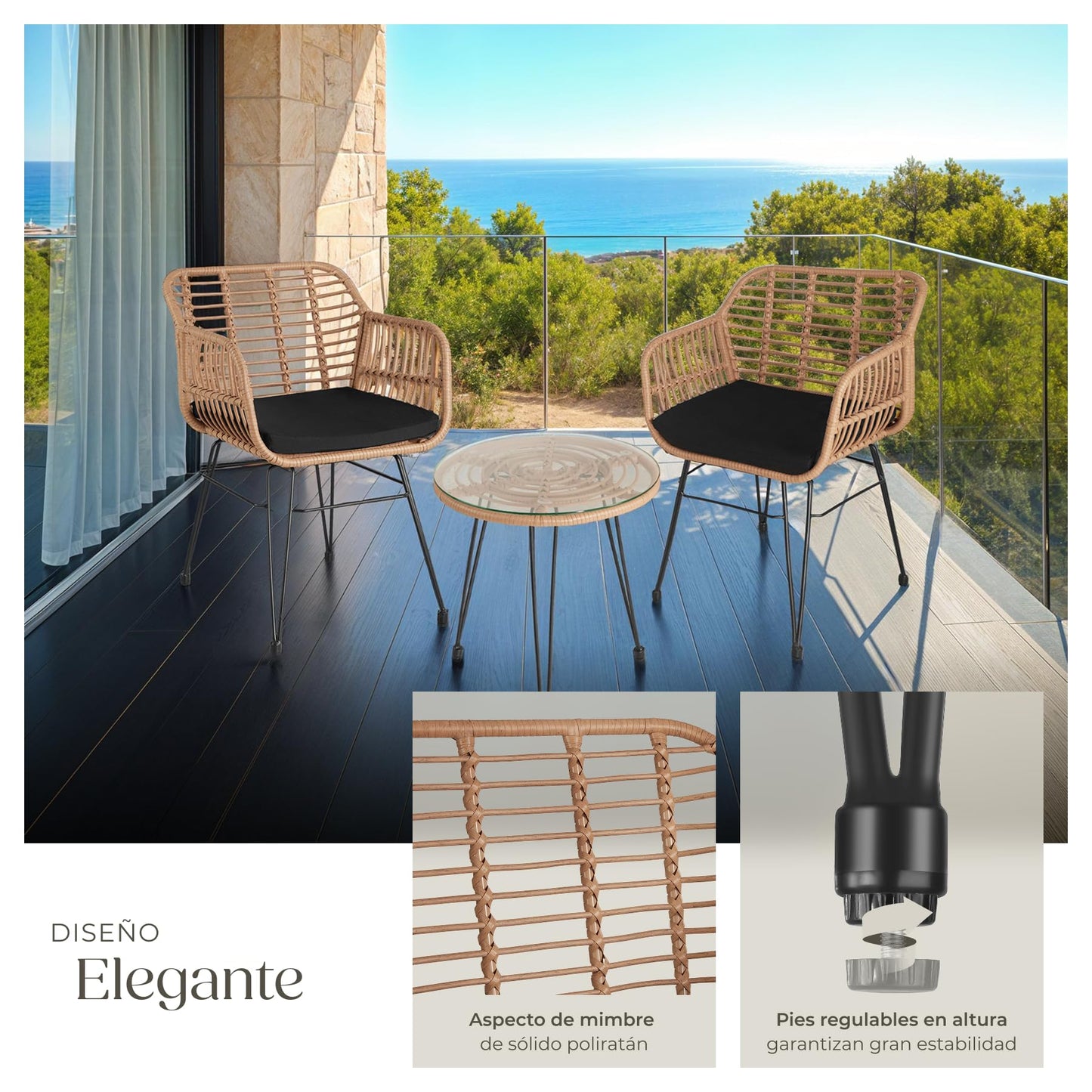 TecTake Set Jardín 2 Personas: 2 Sillas + Mesa Cristal, Cojines, Natural