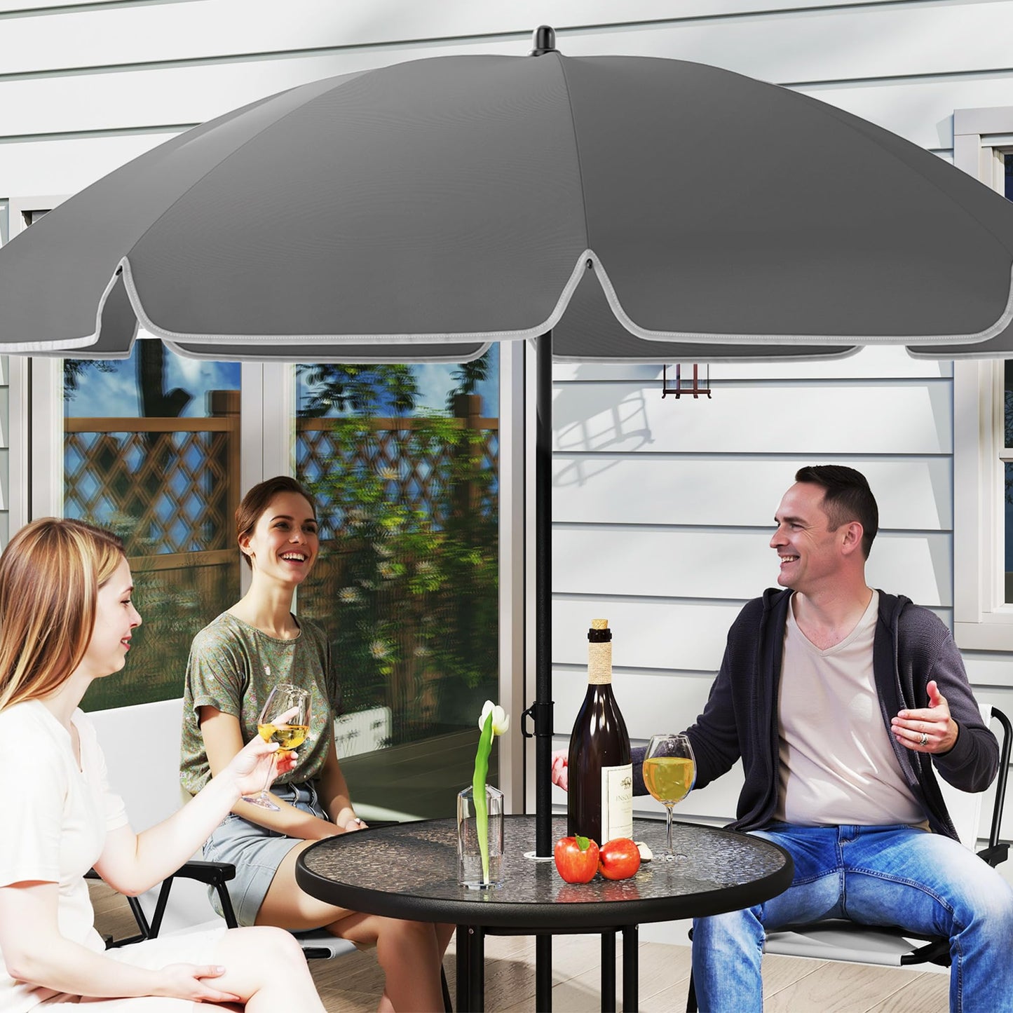 Outsunny Set Jardín 6 Pzas: Mesa Vidrio + 4 Sillas Plegables + Sombrilla, Crema