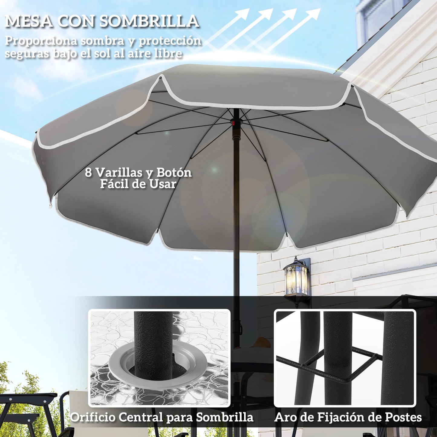 Outsunny Set Jardín 6 Pzas: Mesa Vidrio + 4 Sillas Plegables + Sombrilla, Crema