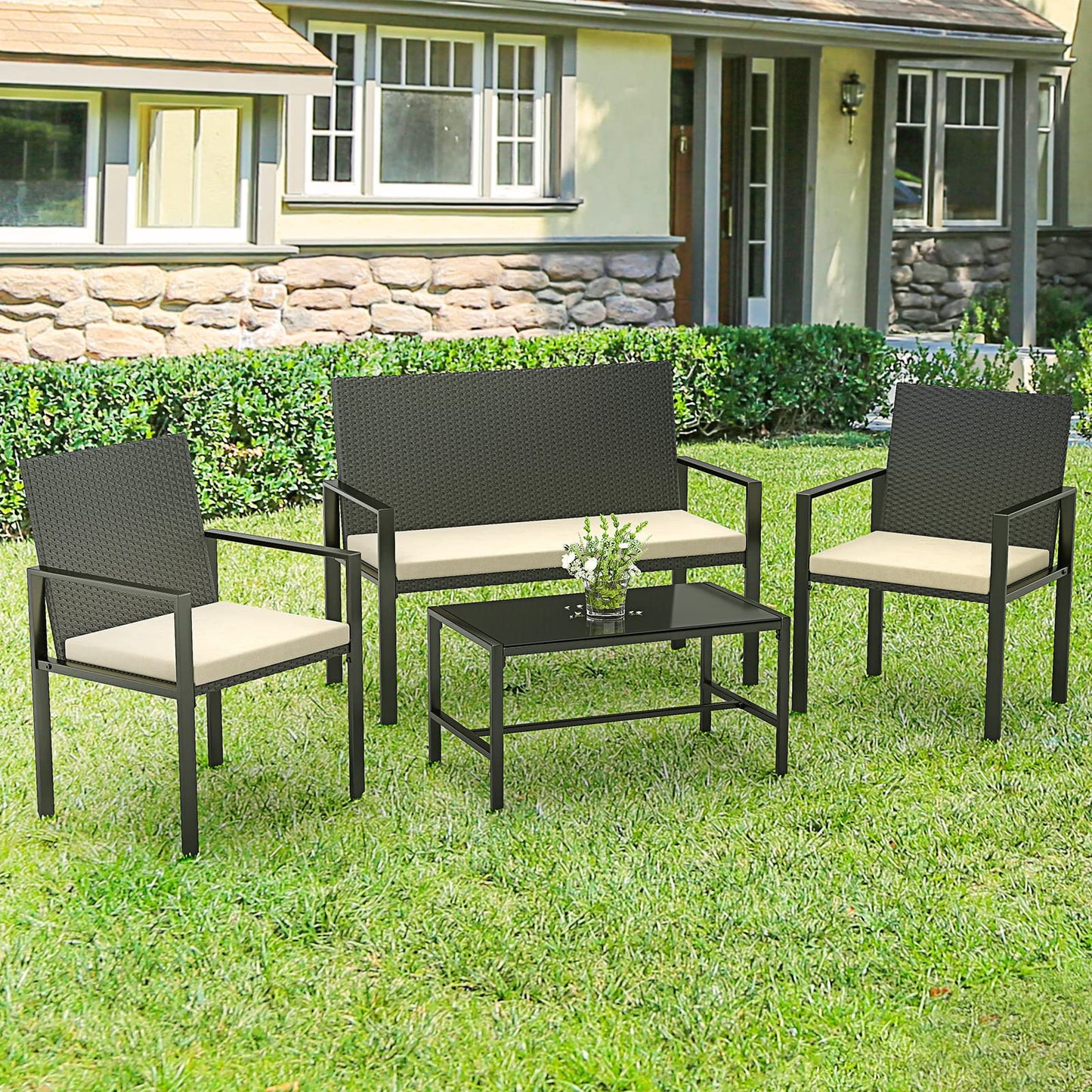 bigzzia Set Ratán 4 Pzas: 2 Sillones + Sofá 2 Plazas + Mesa, Negro
