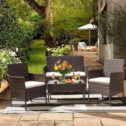 JINPALAY Set Jardín 4 Pzas: 2 Sillones + Sofá Doble + Mesa, Ratán