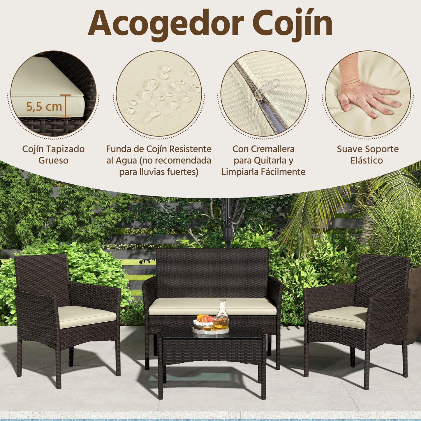 Yaheetech Set Ratán 4 Pzas: Sofá + 2 Sillones + Mesa Vidrio, Marrón/Beige