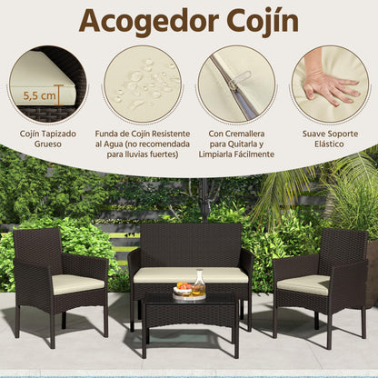 Yaheetech Set Ratán 4 Pzas: Sofá + 2 Sillones + Mesa Vidrio, Marrón/Beige