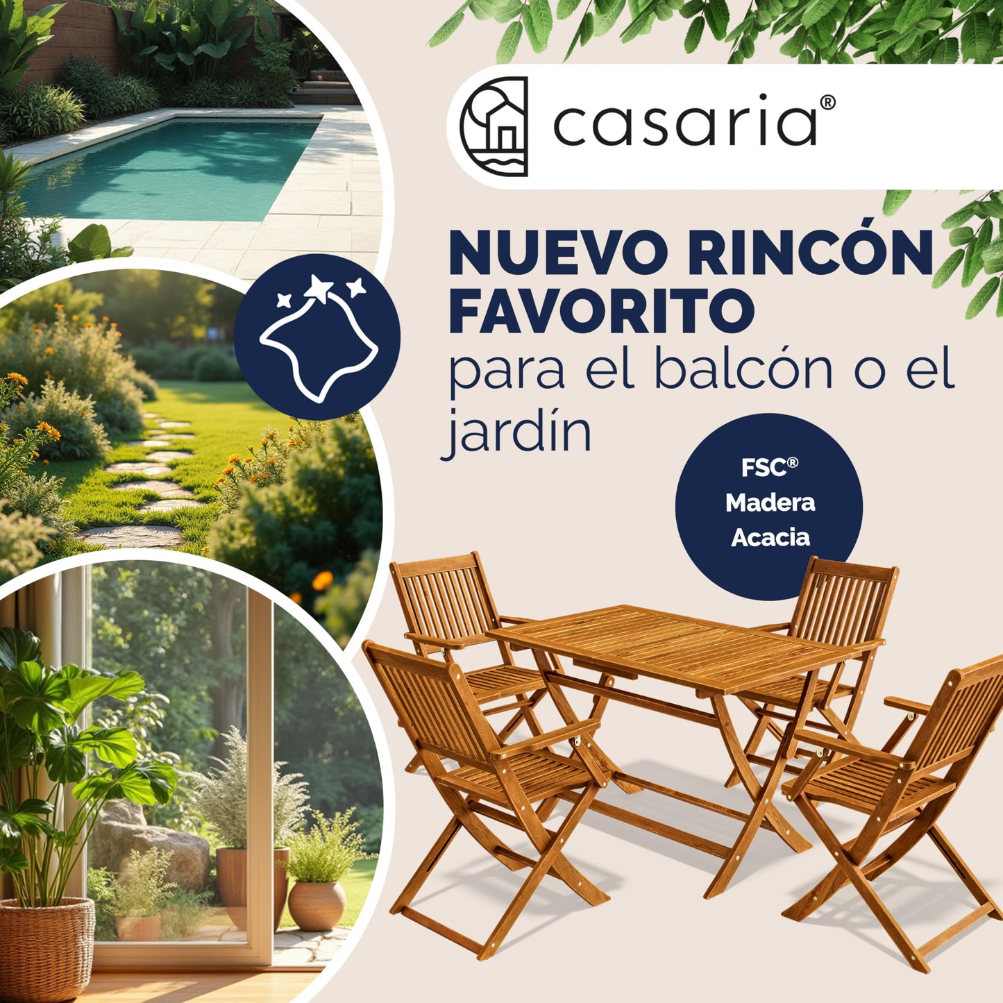 CASARIA Juego Jardín Sydney: Madera Acacia FSC, 5 Pzas Plegable, 120x70cm