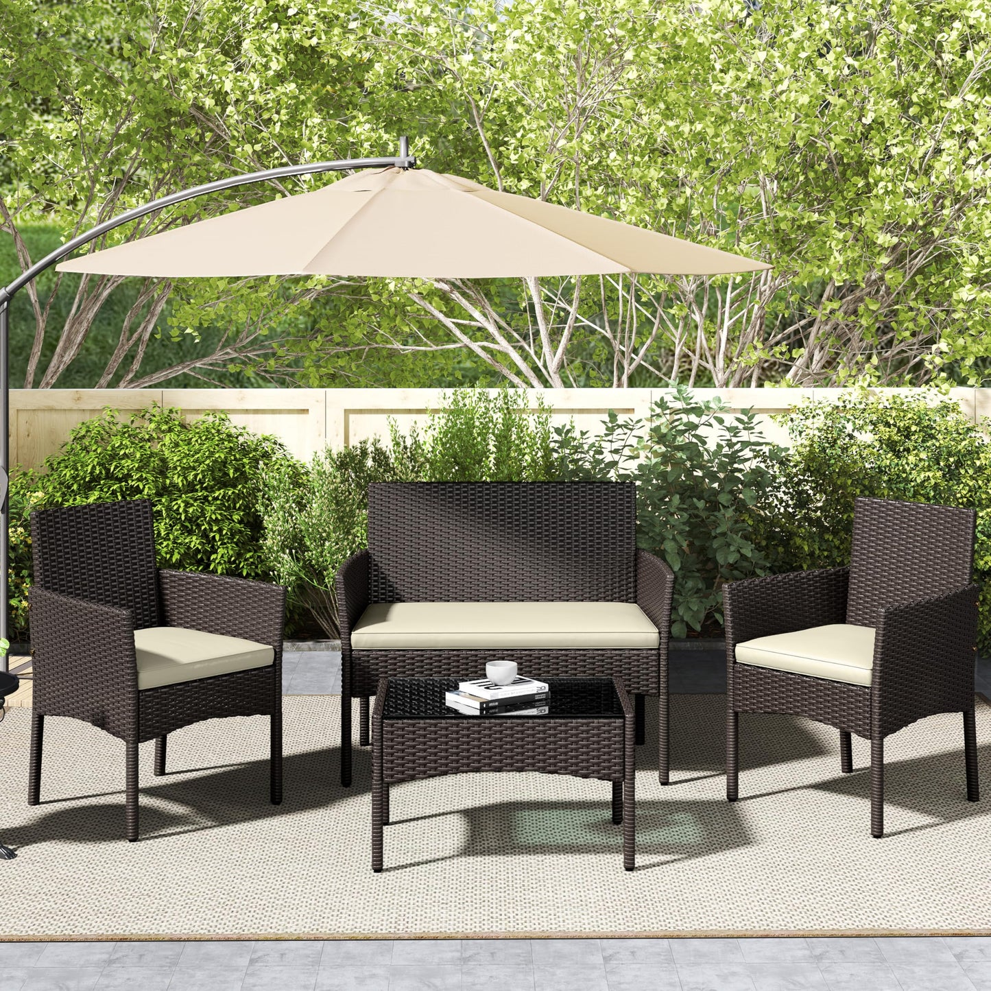 Yaheetech Set Ratán 4 Pzas: Sofá + 2 Sillones + Mesa Vidrio, Marrón/Beige